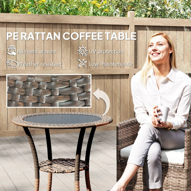Outdoor Rattan Dining Table, Patio Wicker Round Coffee Table with 2-Tier Storage Shelf, Brown