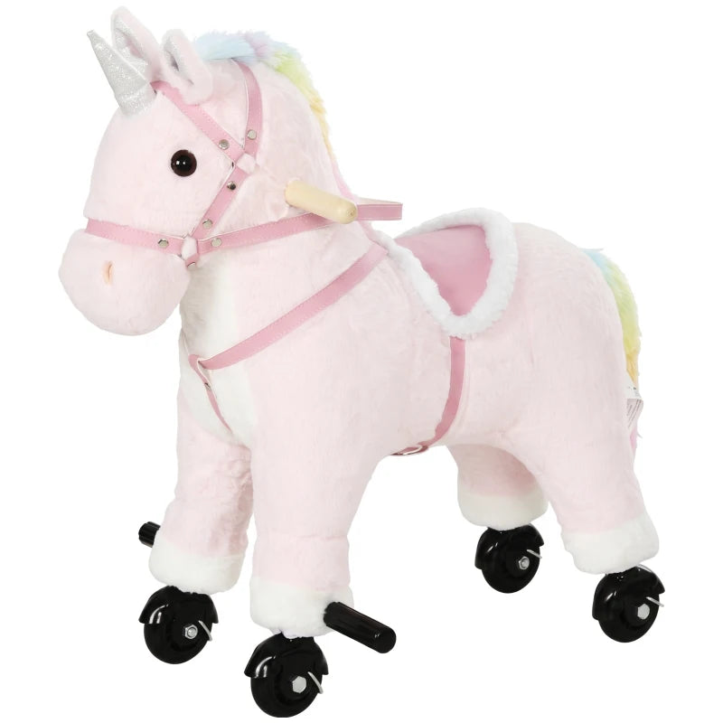 Pink Unicorn Ride-On Toy with Wheels, Sounds & Plush Design for Kids Ages 2–5