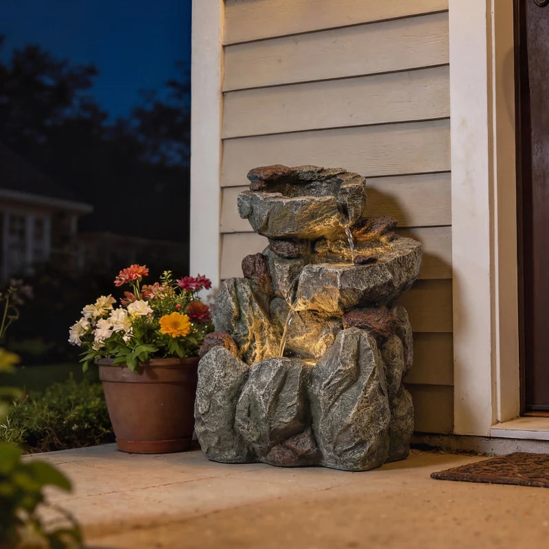 Outdoor Fountain with LED Lights Adjustable Flow Cascading Waterfall 3-Tier Rustic Rock Look Grey