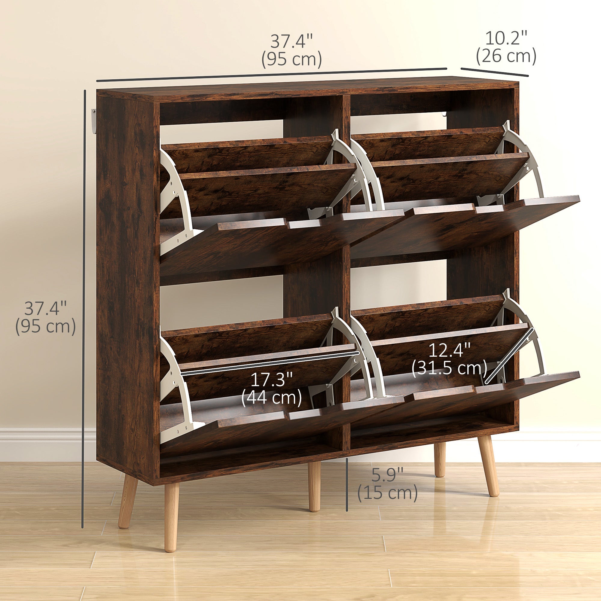 HOMCOM Shoe Storage Cabinet with 4 Flip Drawers and Adjustable Shelf, Shoe Cabinet for 16 Pairs of Shoes, Rustic Brown 