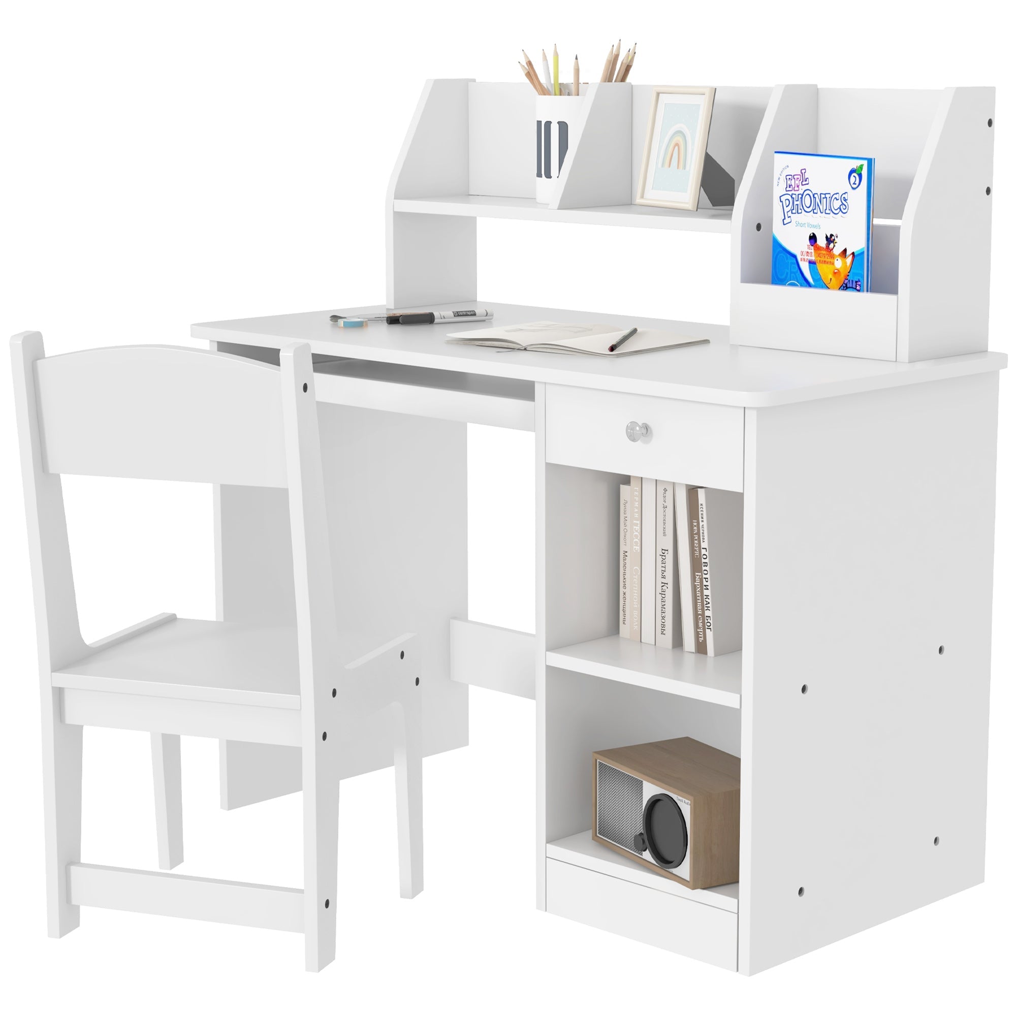 Qaba Kids Desk and Chair Set for 5-8 Year Old with Storage Study Table and Chair for Children White 