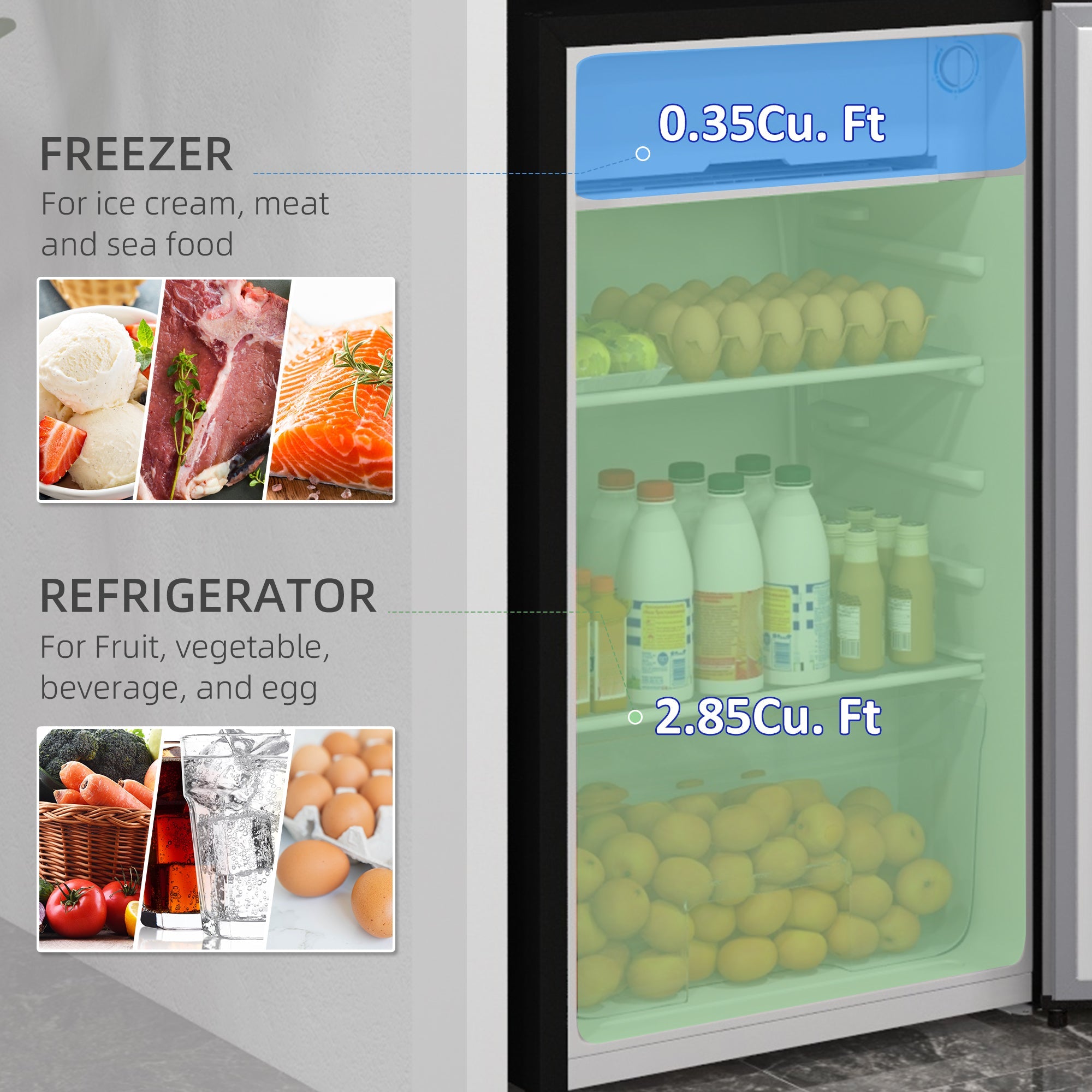 HOMCOM Compact Cooling: Mini Fridge with Freezer, Adjustable Shelf, Mechanical Thermostat, Reversible Door, Silver Finish 