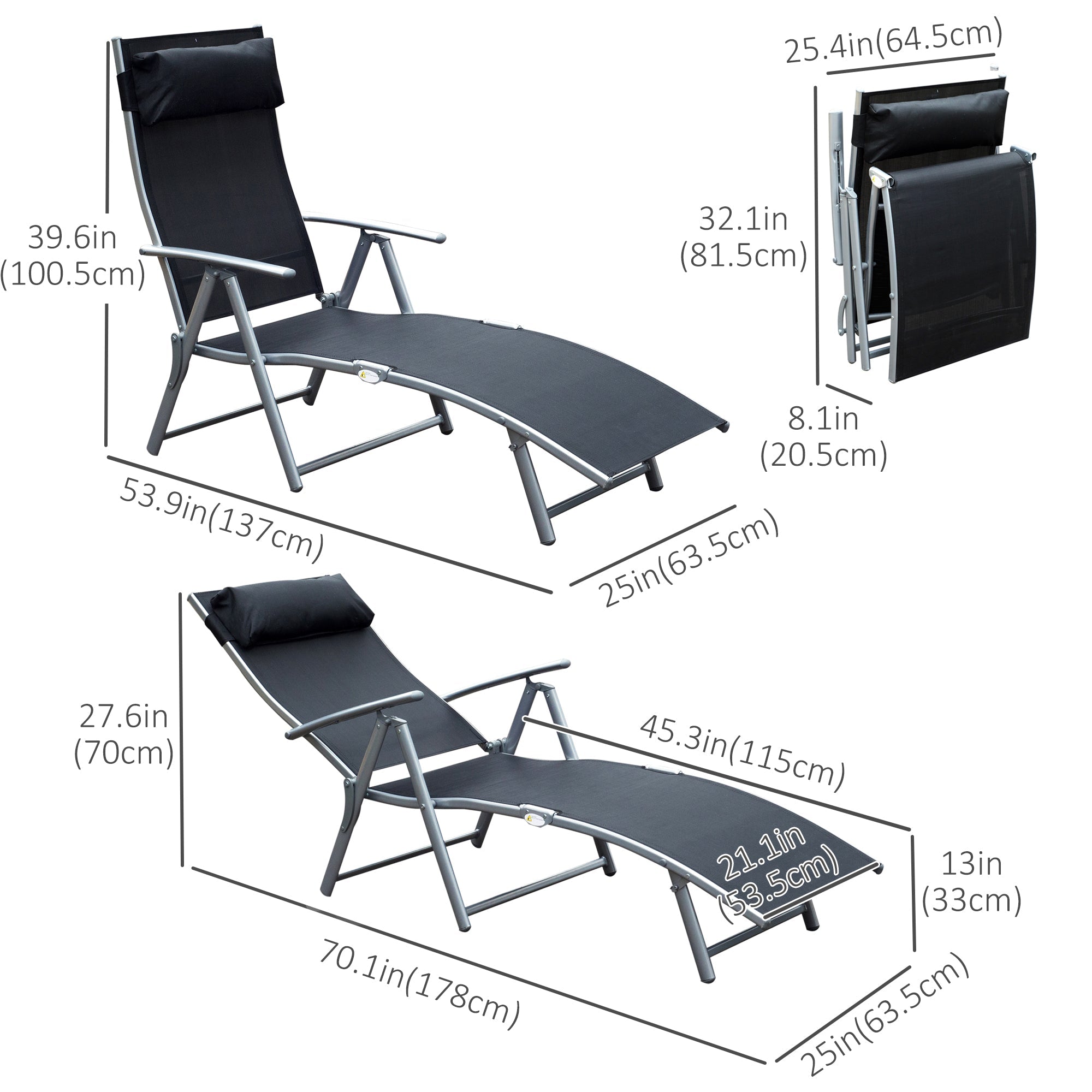 Outsunny Adjustable Folding Reclining Chair Heavy-duty Outdoor Sun Lounger Patio Chaise Black 