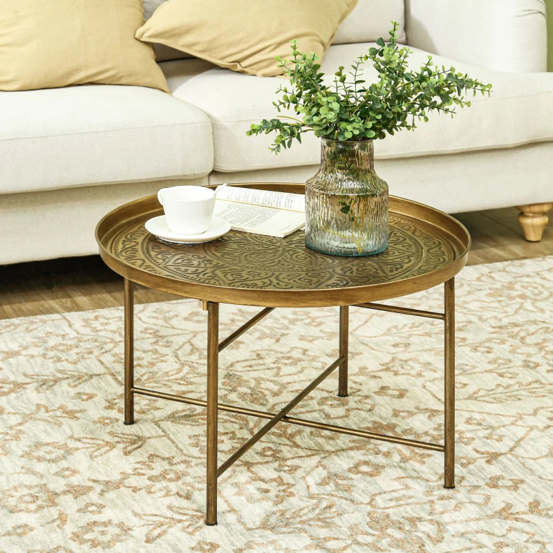 Vintage Coffee Table for Living Room, 24" Round Center Table with Hammered Tray Top and Metal Frame, Gold