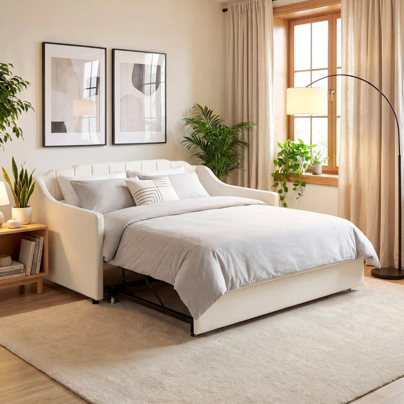 Upholstered Twin Trundle Bed, Extendable Twin to King Day Bed with Headboard and Armrests, Cream White