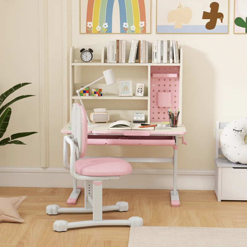 Qaba Kids Desk and Chair Set with Tilt Desktop, Adjustable Height, Drawer and Shelves for Boys Girls Ages 3-12, Pink