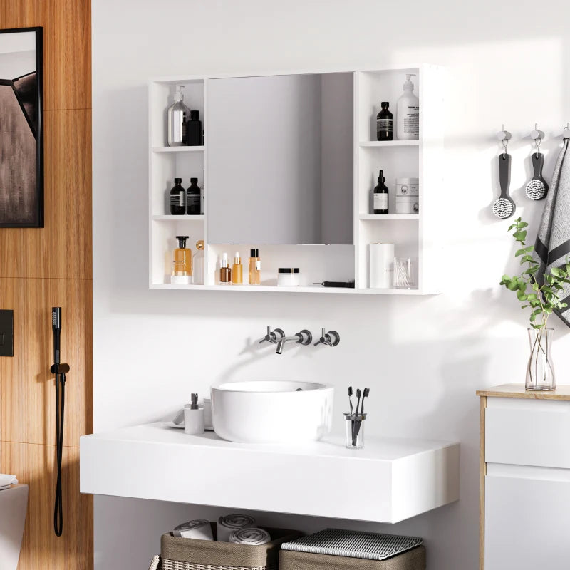 Wall Mounted Medicine Cabinet, 39.25"W x 27.5"H Bathroom Mirror Cabinet with Single Mirrored Door, Shelves and Storage Cupboard, White