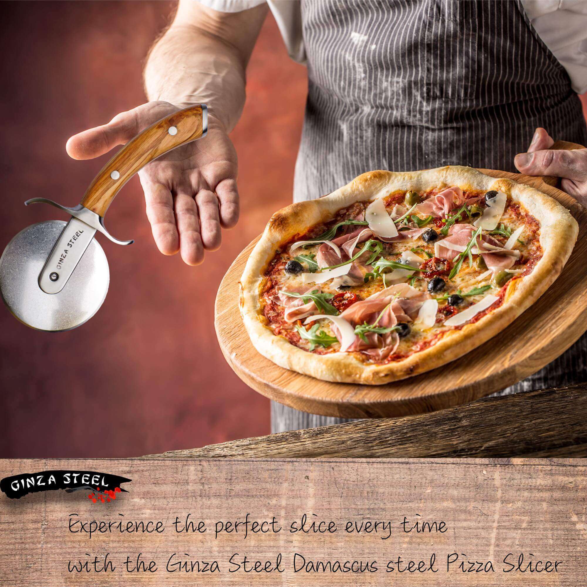 Ginza Steel MIA Pizza Slicer – Stainless Blade with Olive Wood Handle 