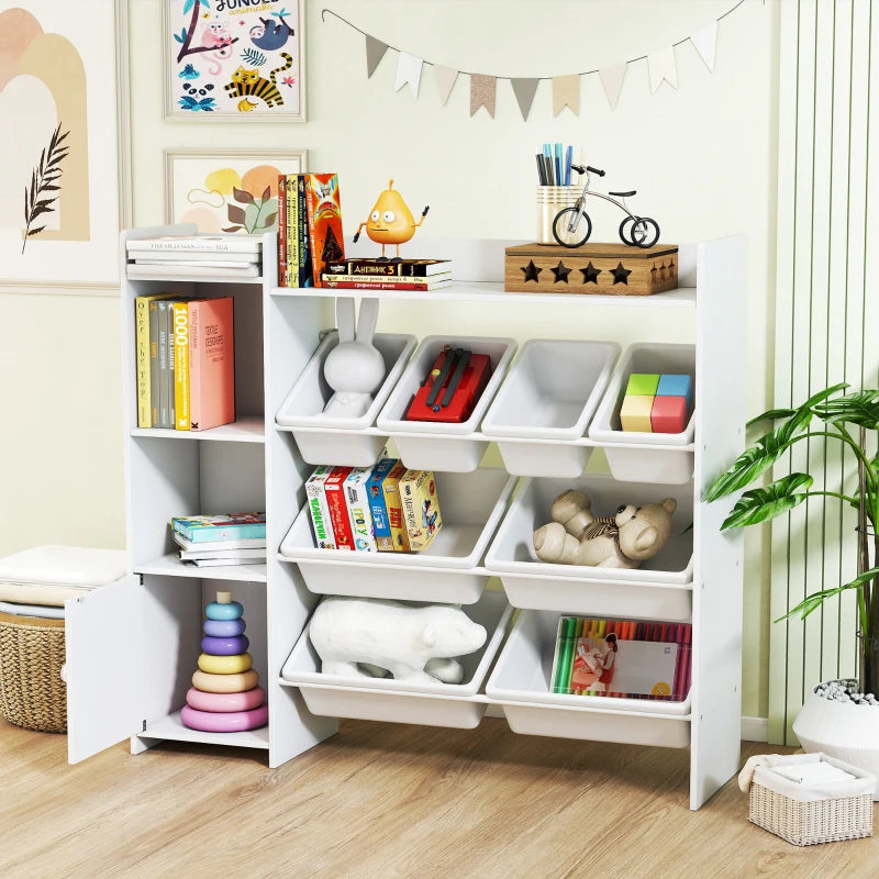 Qaba Kids Bookshelf and Toy Storage Organizer, Children Bookcase with 8 Removable Bins, Cabinet for Playroom, Kids Room, Nursery, White