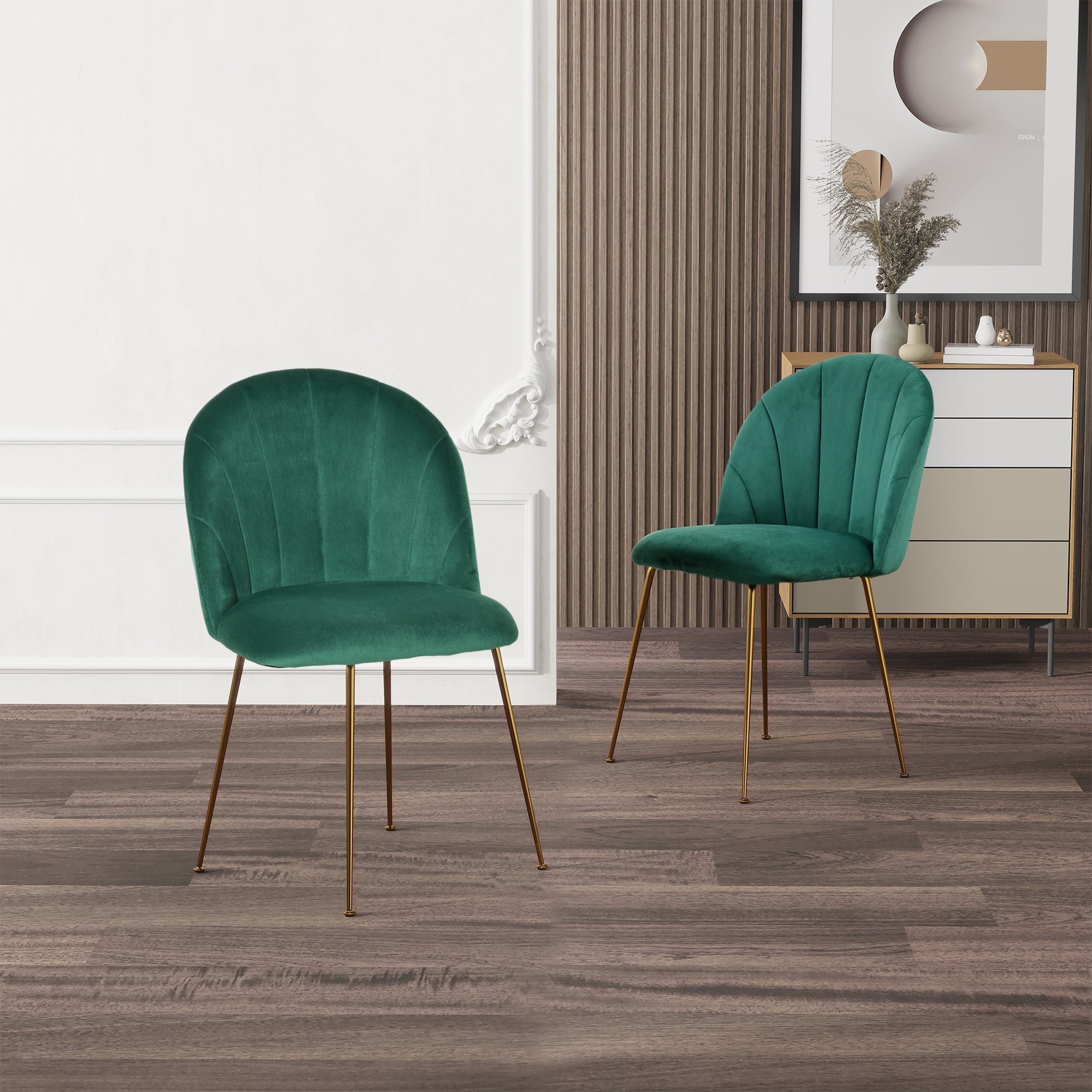 HOMCOM Green Velvet-Touch Fabric Modern Dining Accent Chairs Set of 2 with Gold Metal Legs 