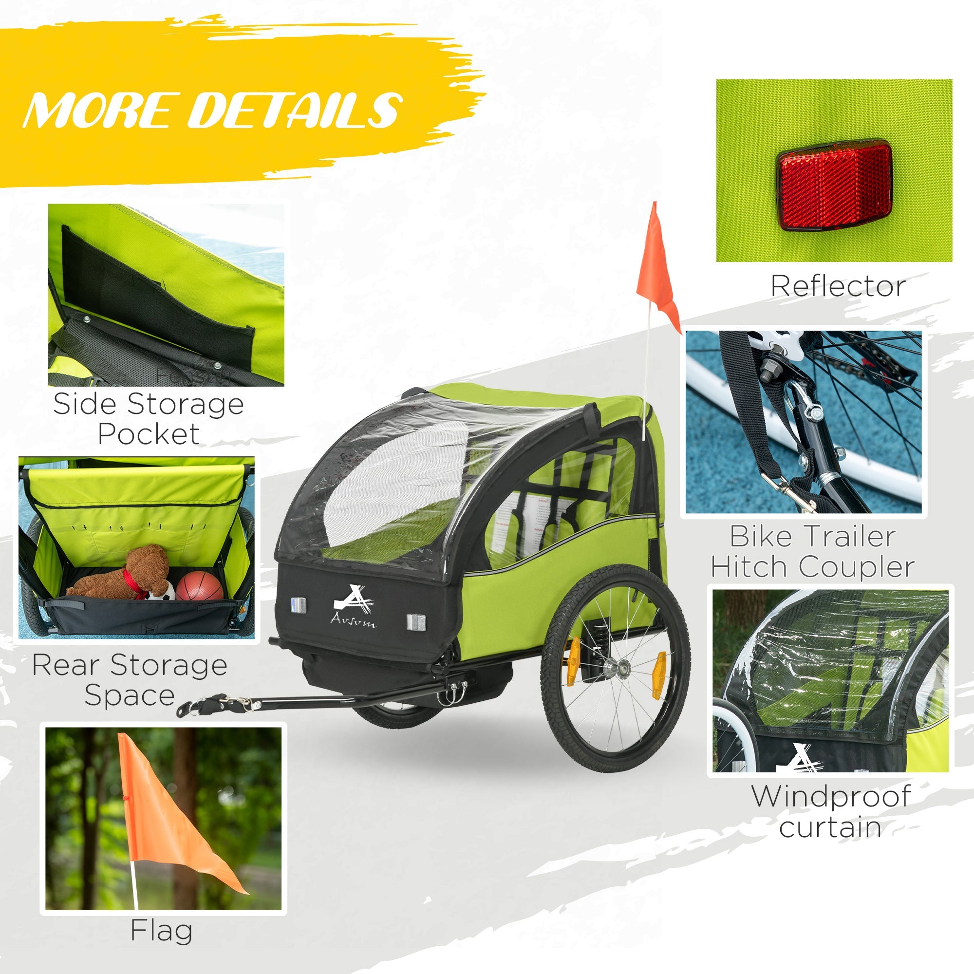 Aosom 2 Seat Bike Trailer for Kids, Baby Stroller with Storage Bag, 5 Point Harness, Bicycle Trailer with 20" Wheels, Green 