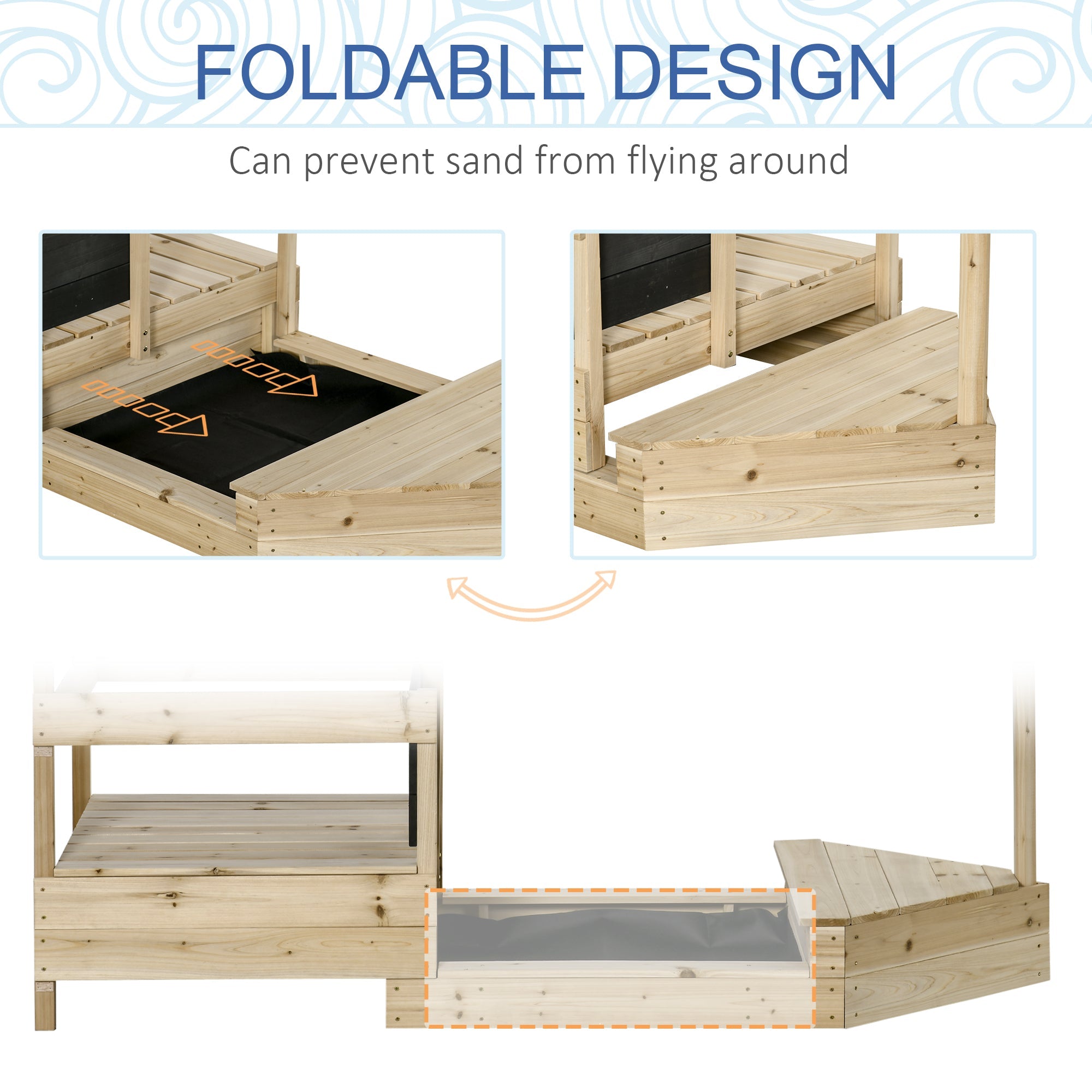 Outsunny Wooden Sandbox for Kids Outdoor Sand Boat with Cover Foldable Play Station Natural Wood Finish 