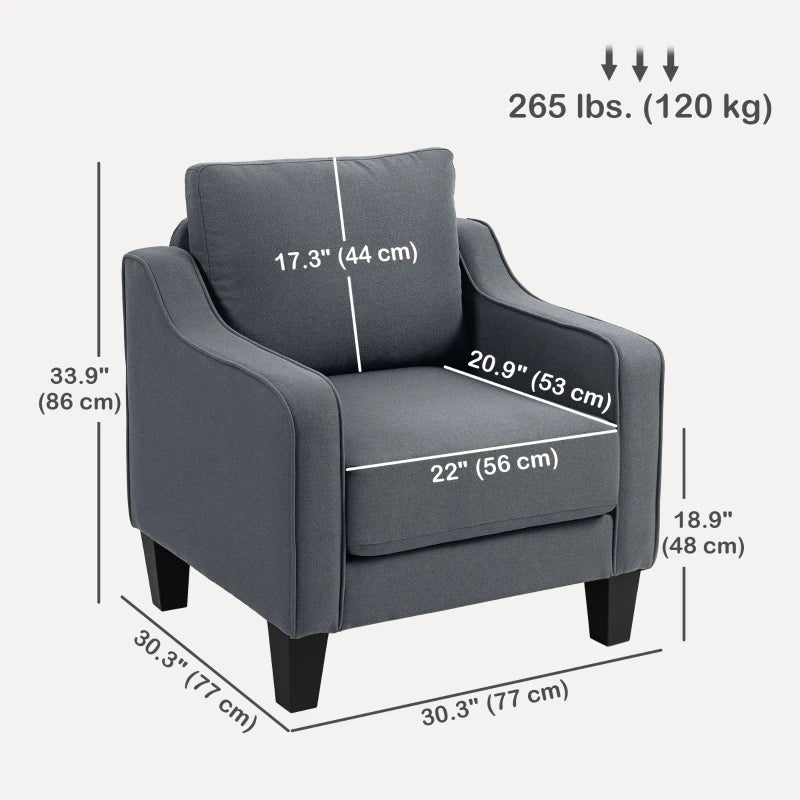 Armchair, Modern Accent Chair with Pocket Spring, Linen Upholstered, Thick Padded, Charcoal Grey