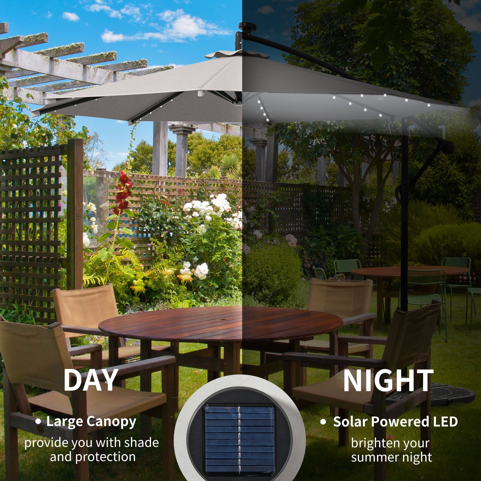 Outsunny Cantilever Umbrella: 10ft Outdoor Banana with Solar Lights Adjustable Angle Light Grey 