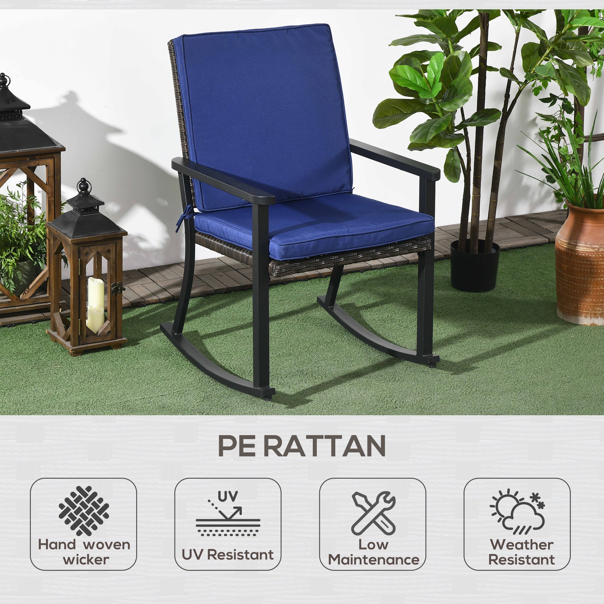 Outsunny Patio Wicker Rocking Chair Outdoor PE Rattan High Back Armrest Seat Cushion Blue Color Furniture 