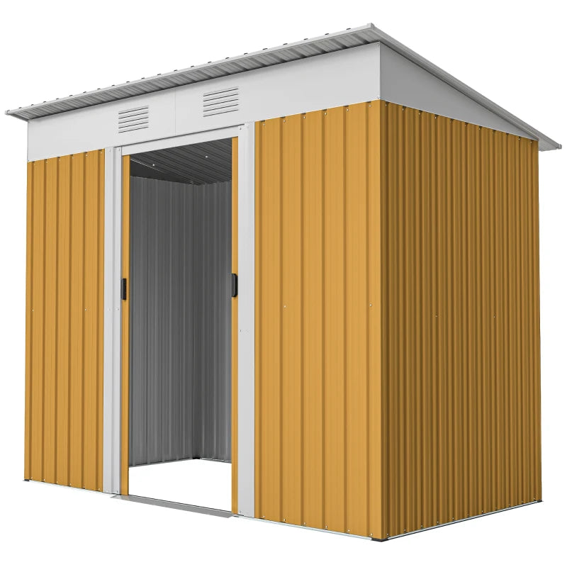 7' x 4' Outdoor Storage Shed, Metal Garden Tool Storage House Organizer with Lockable Sliding Doors and Vents for Backyard Patio Lawn, Yellow