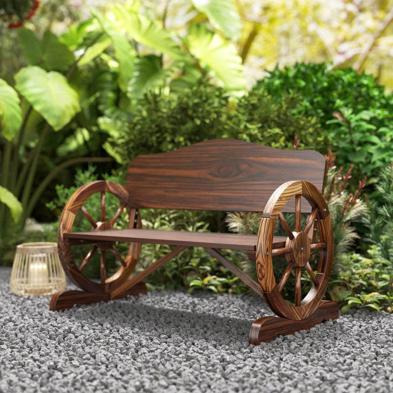 Wooden Outdoor Bench, Garden Patio Loveseat with Wagon Wheel Armrests, 528LBS Capacity, Carbonized