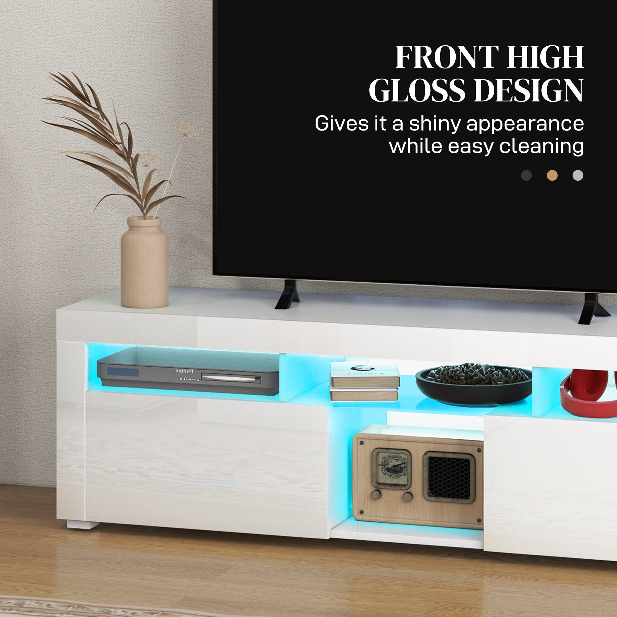HOMCOM Modern TV Stand with Storage LED Lights for TVs up to 55" TV Cabinet Open Compartments High Gloss White 