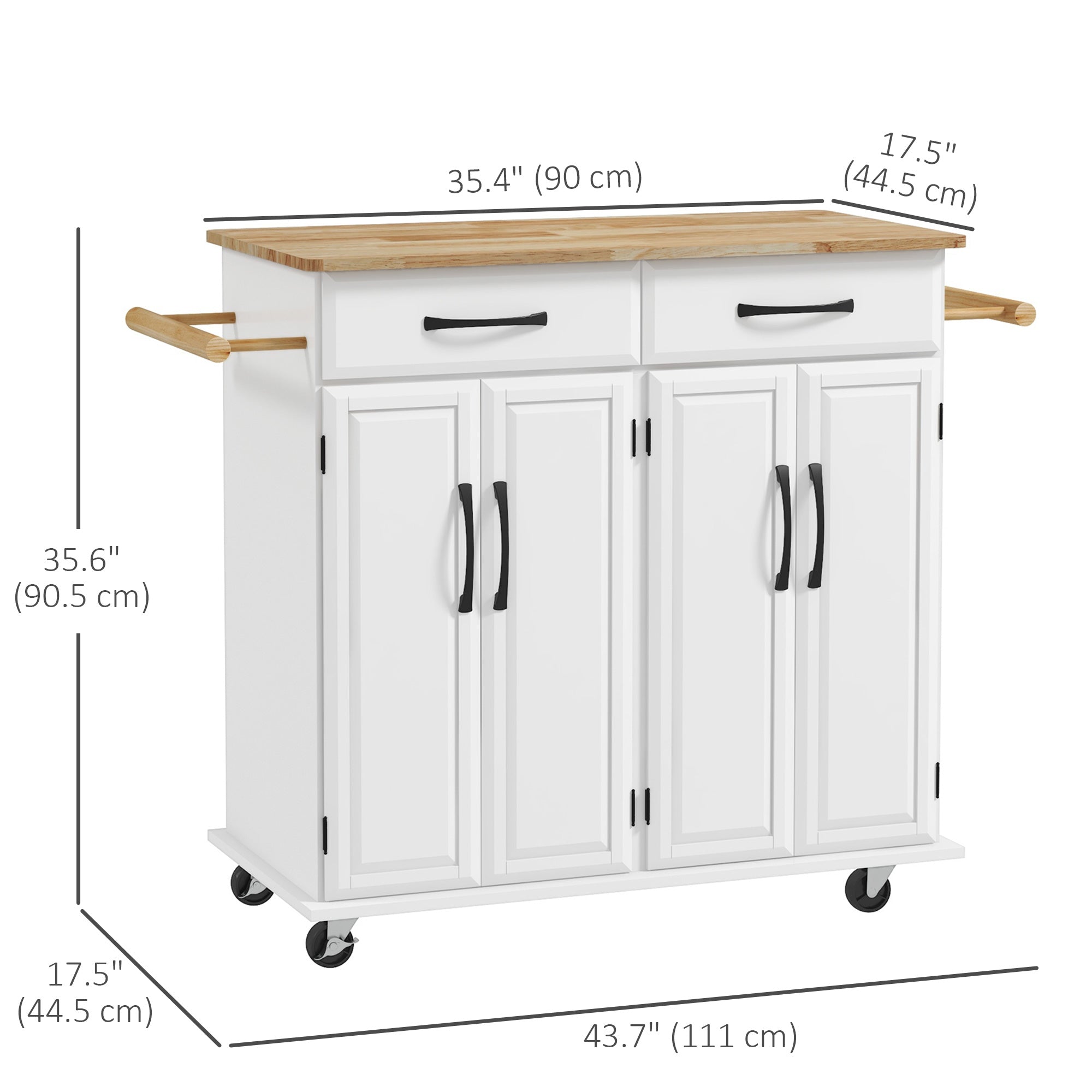 HOMCOM Kitchen Cart on Wheels: Rubber Wood Top, 2 Drawers, 4 Doors & Adjustable Shelving 
