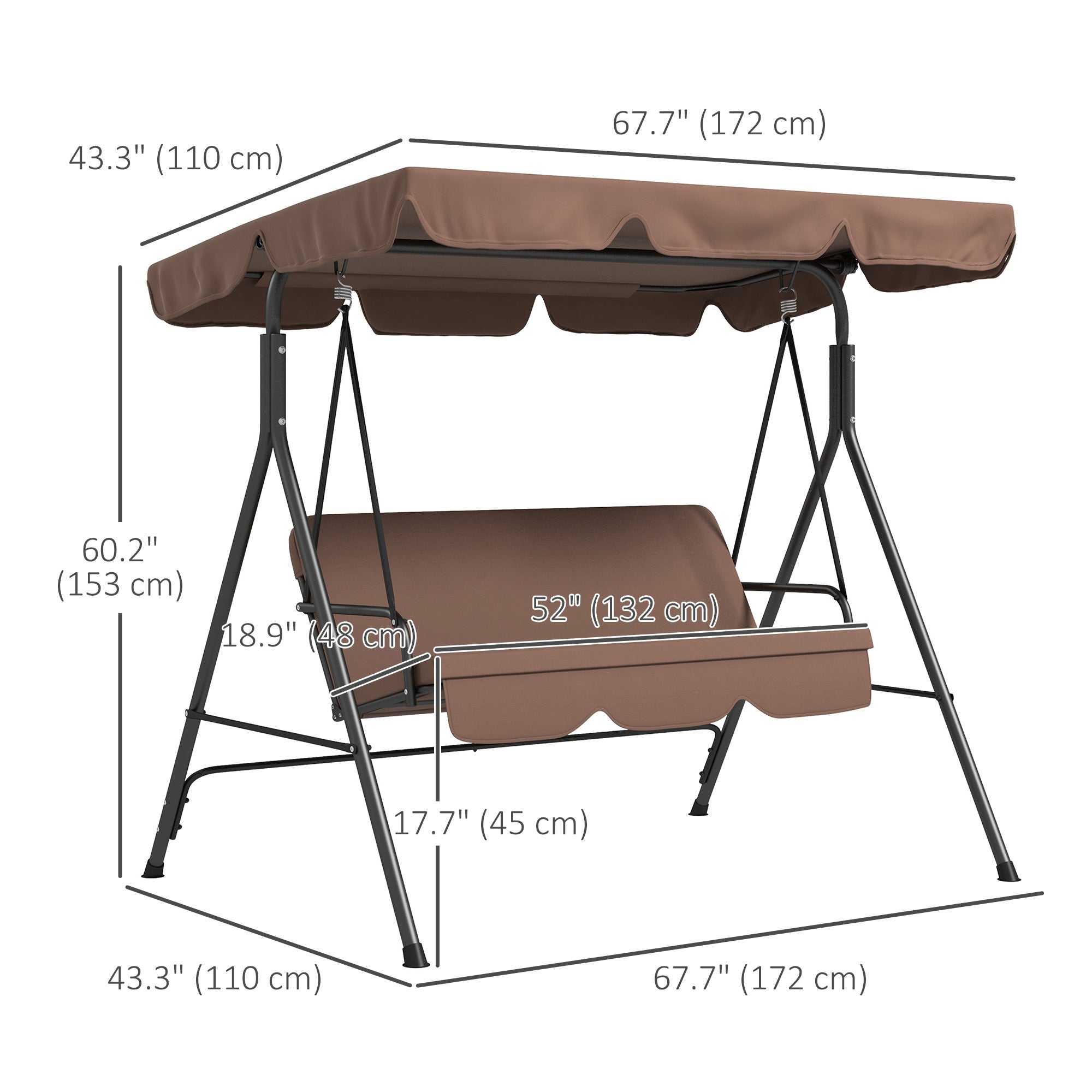 Outsunny 3-Seater Outdoor Porch Swing with Adjustable Canopy, Patio Swing Chair for Garden, Poolside, Backyard, Brown 