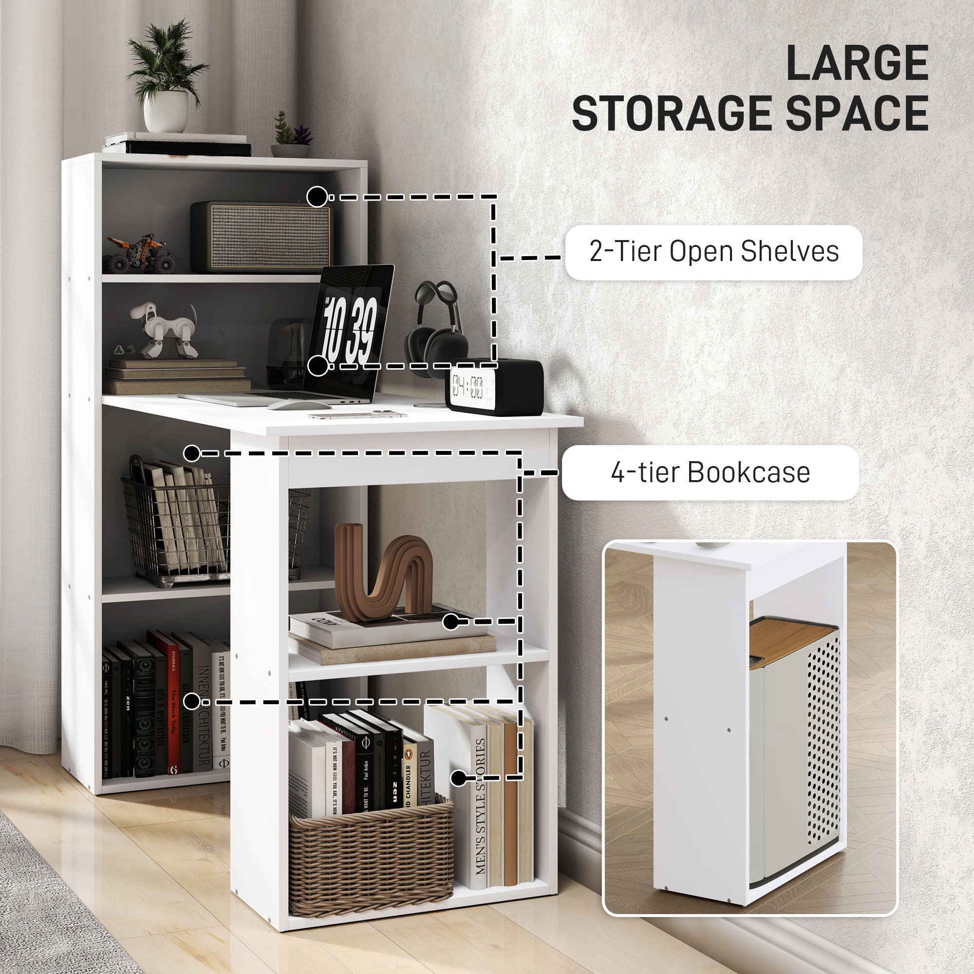HOMCOM 6-Tier Compact Desk: Writing Table, Workstation & Bookshelf for Home Office Study in White 
