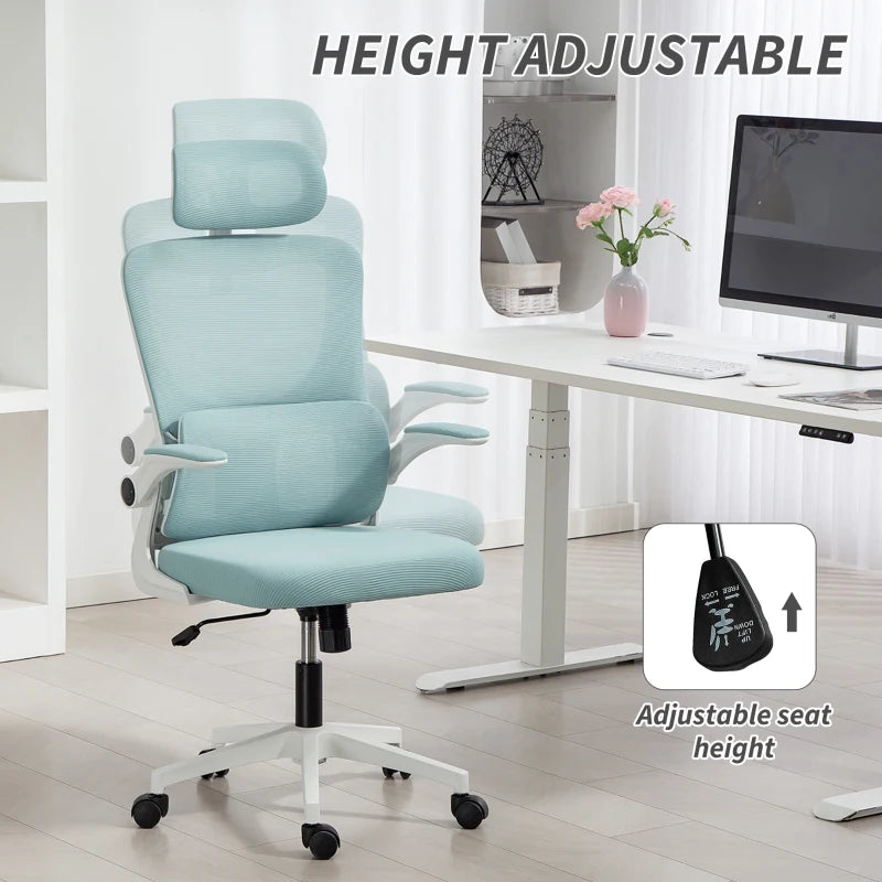 High Back Office Chair, Mesh Computer Chair with Rotatable Headrest, Lumbar Back Support, Adjustable Height, Light Blue
