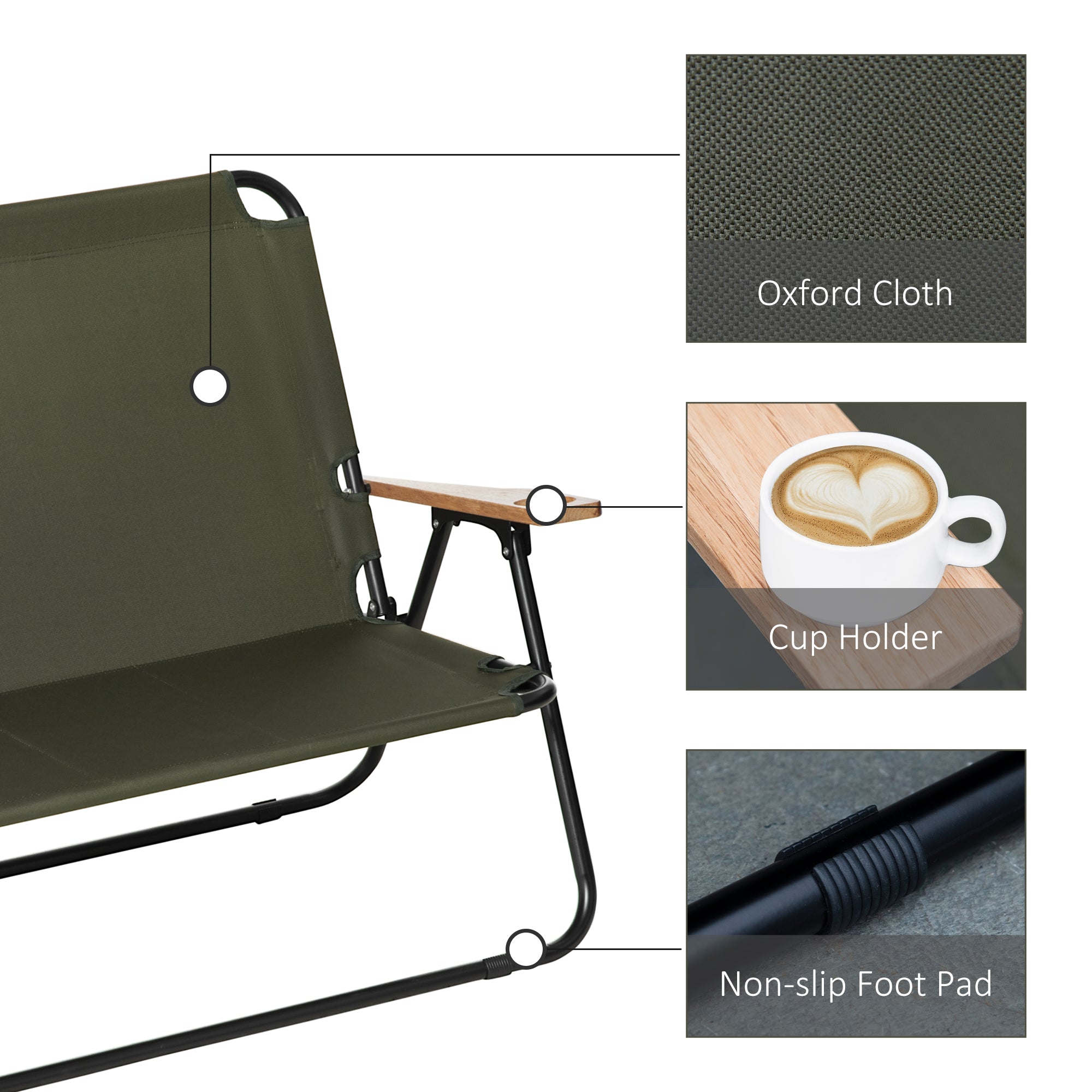 Outsunny Double Folding Loveseat Camping Chair Portable Outdoor 2 Person Wood Armrest Fishing Travel Green 