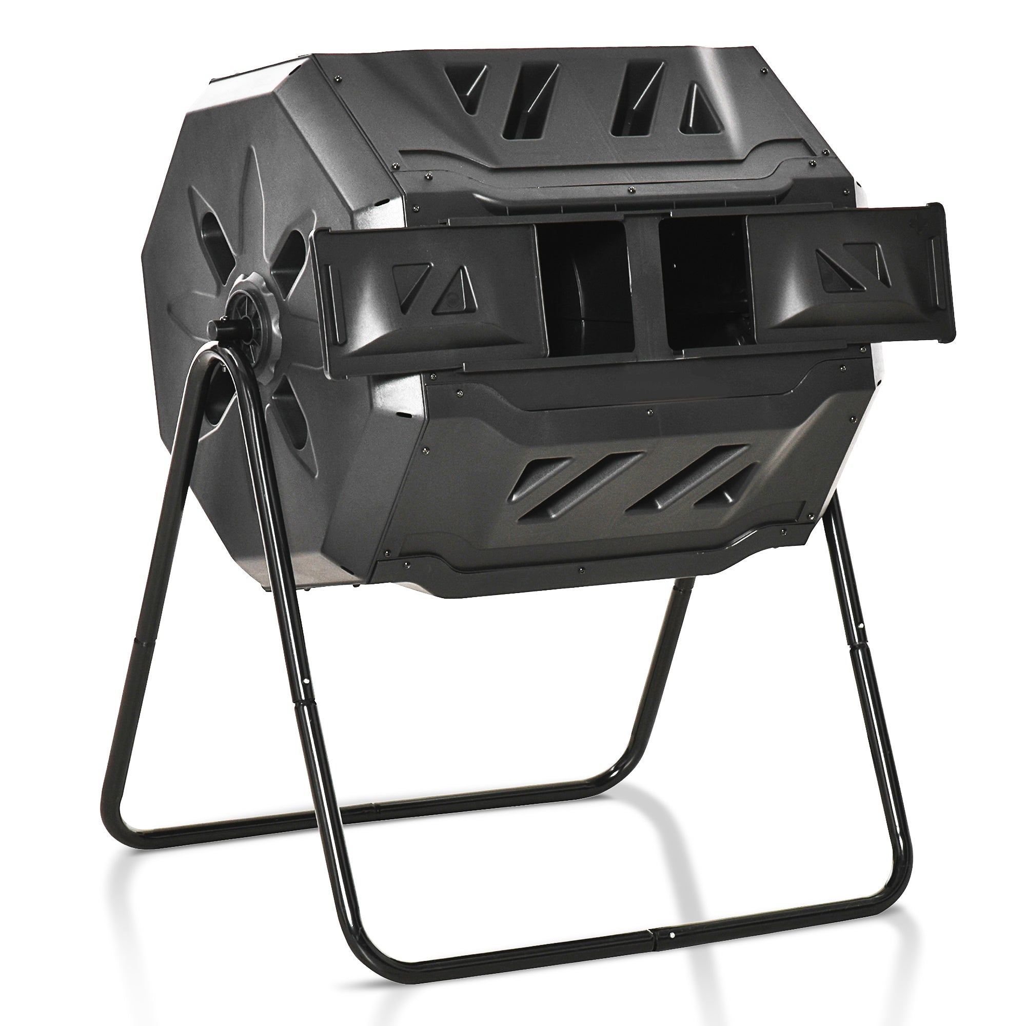 Outsunny Dual Chamber Tumbling Composter 360° Rotating 43 Gallon Outdoor Compost Bin w Sliding Doors Steel Frame Black 