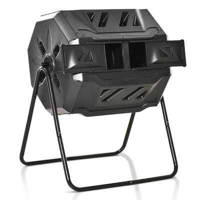 Outsunny Dual Chamber Tumbling Composter 360° Rotating 43 Gallon Outdoor Compost Bin w Sliding Doors Steel Frame Black 