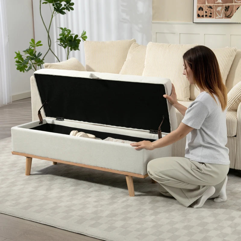Storage Ottoman Bench, Foot Rest with Lift-Up Lid and Wood Legs, Linen Storage Chest for Living Room, Cream White