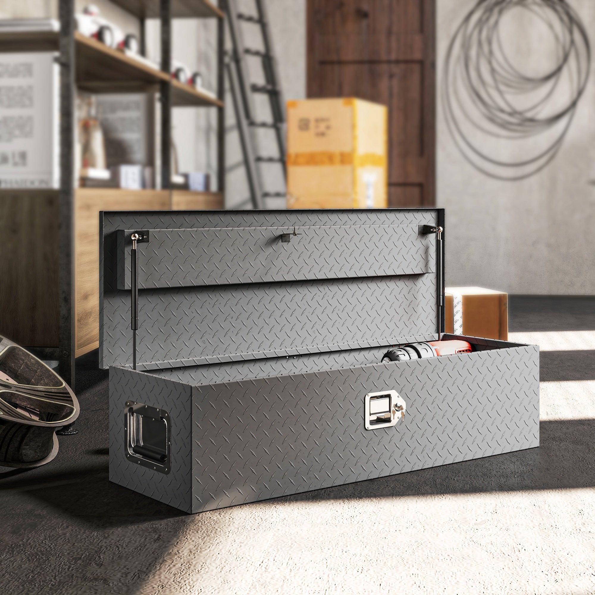 HOMCOM 39" x 13" x 10" Truck Tool Box Heavy Duty Aluminum Trailer Tongue Box with Lock and Keys for Pick Up Truck RV Trailer 