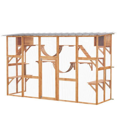 PawHut Expansive Outdoor Catio with Condos Platforms Doors Ladders Weather-Resistant Roof Orange 