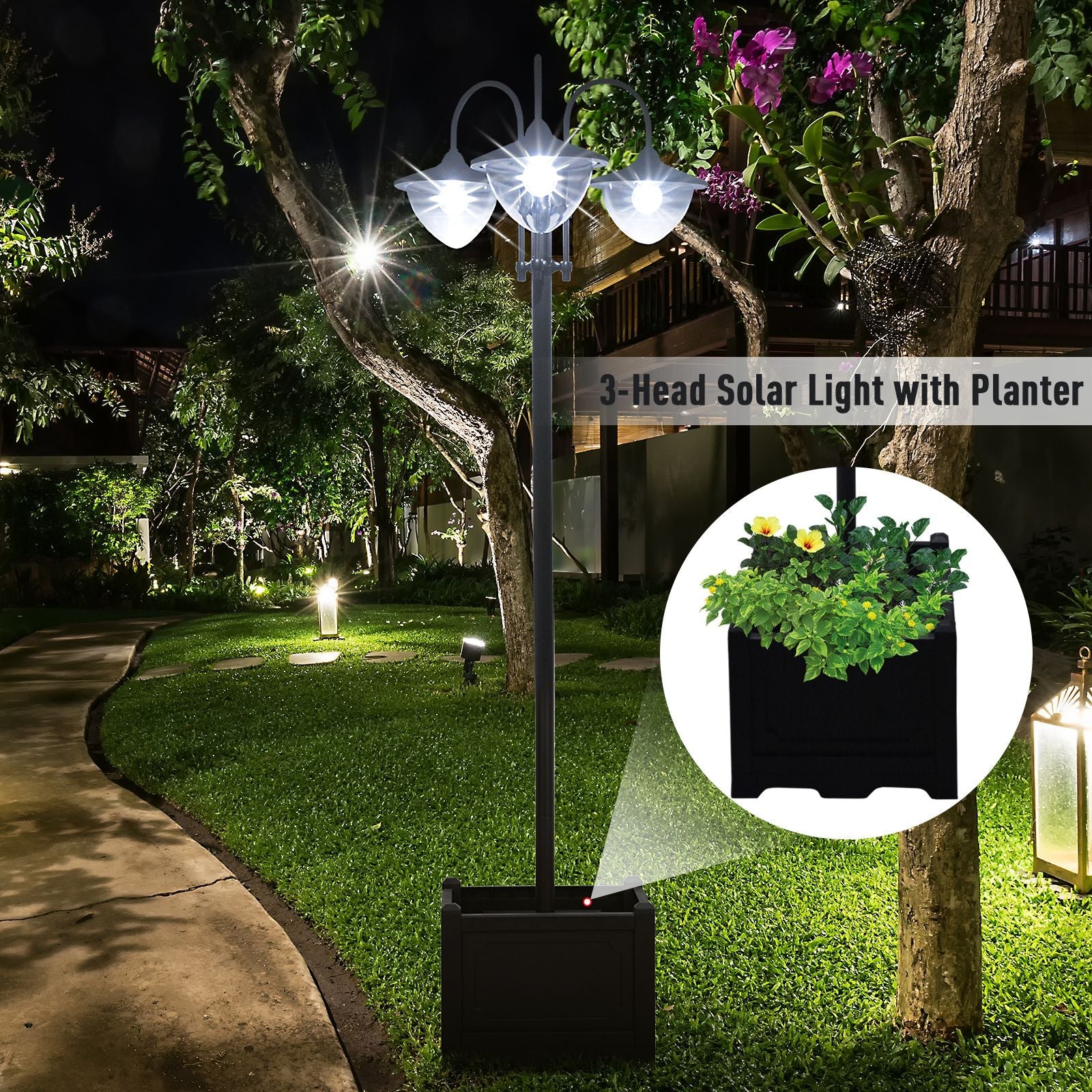Outsunny Solar Lamp Post, 3-Head LED Garden Light with Built-In Planter & Battery for Garden Decoration, Black 