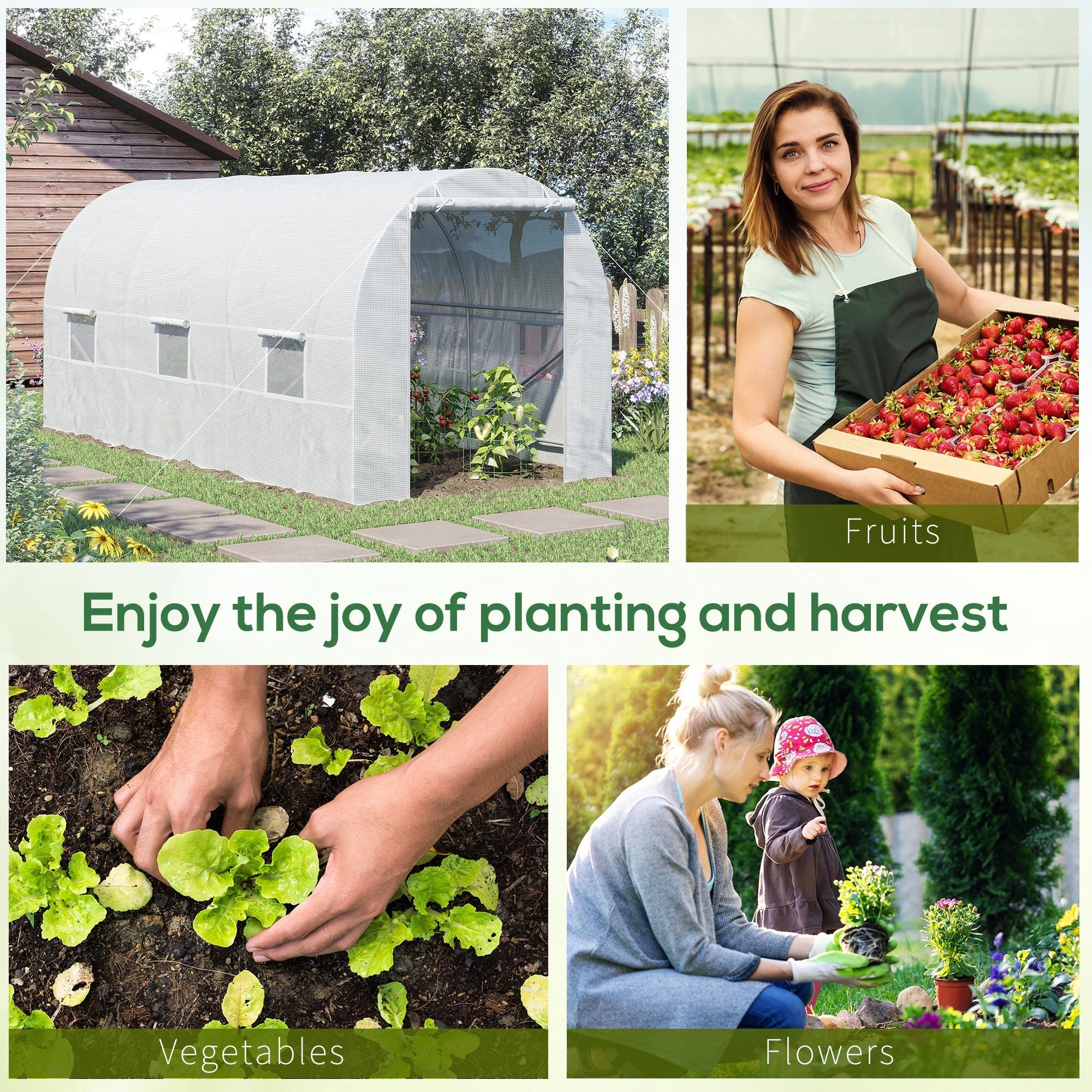 Outsunny Portable Walk-in Tunnel Greenhouse 14.8x6.6x6.6ft with Door and Ventilation Window for Garden Plant Growing White 