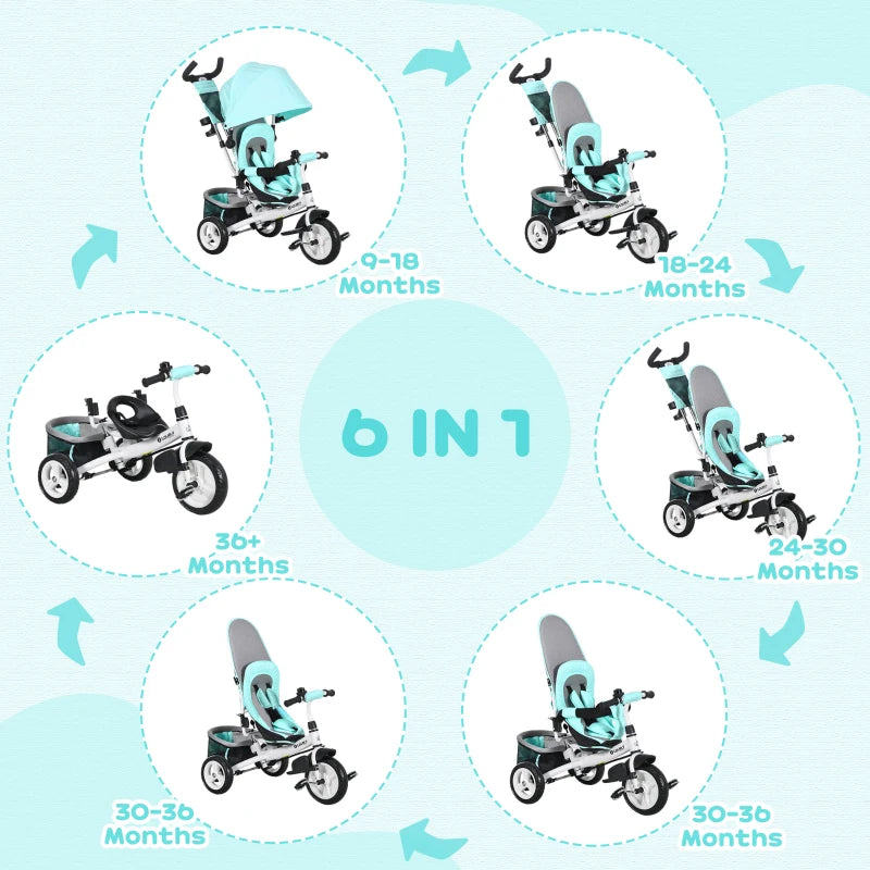 Qaba 6 in 1 Tricycle for Toddler 1-5 Years with Parent-Push Handle, Green