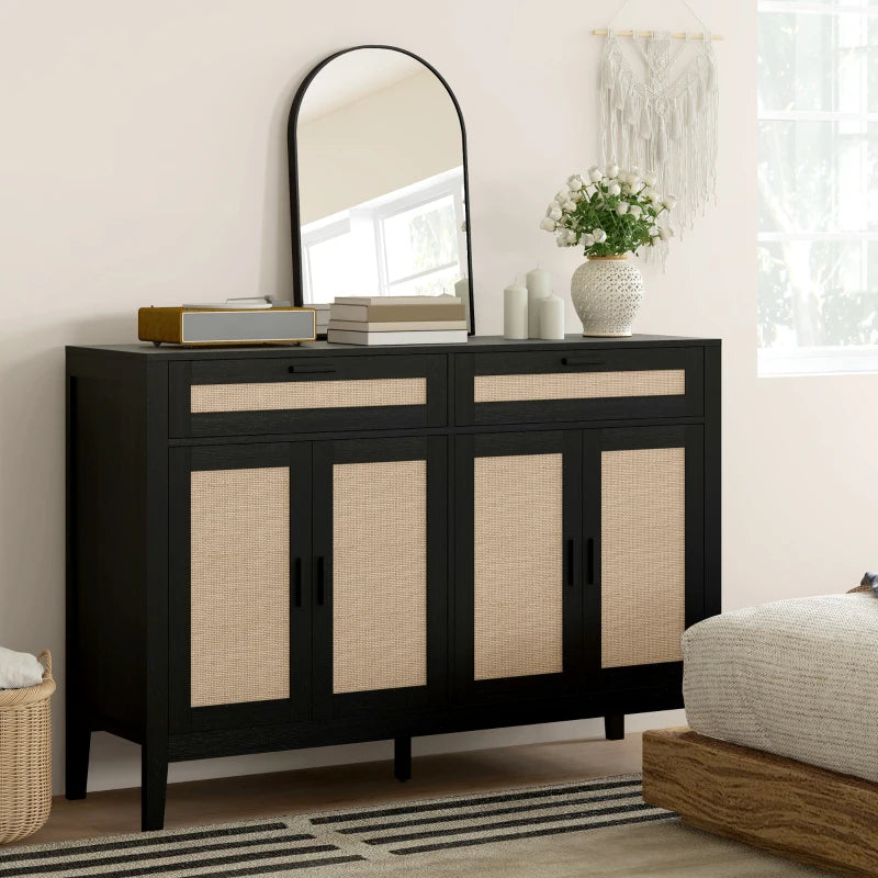 Kitchen Sideboard Cabinet, Boho Buffet Table with Decorative Rattan Doors and Drawers for Dining Room, Black