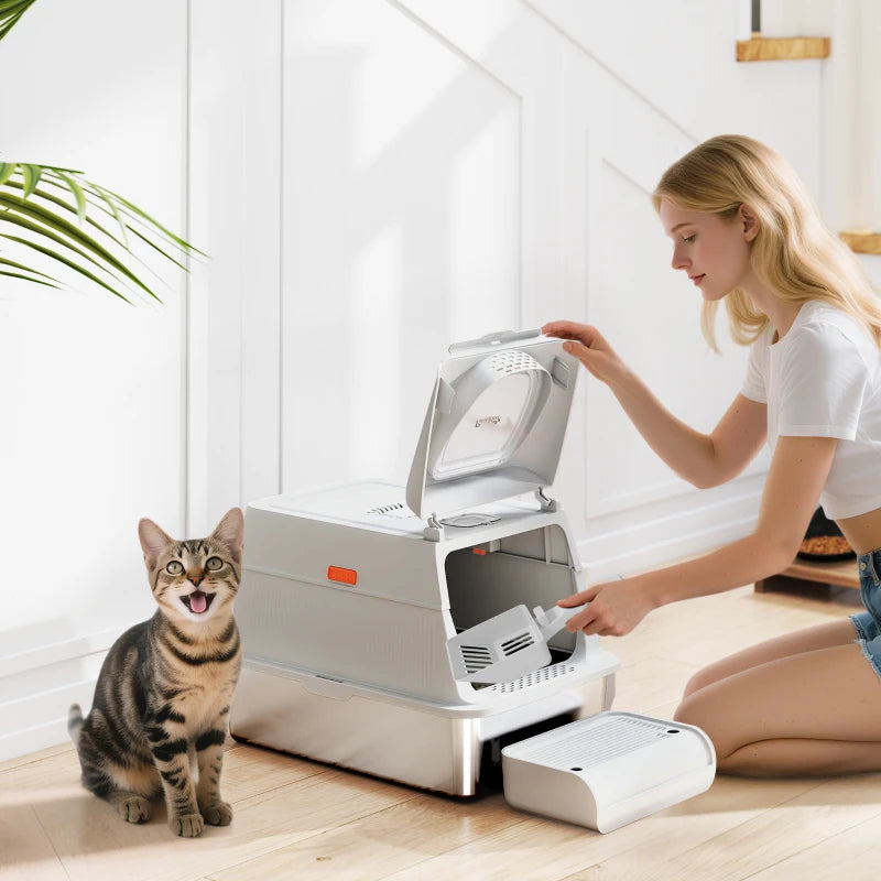 XL Stainless Steel Cat Litter Box, Kitty Litter Box with Flip Cover, Pedal, Deodorizer, for Big Cats