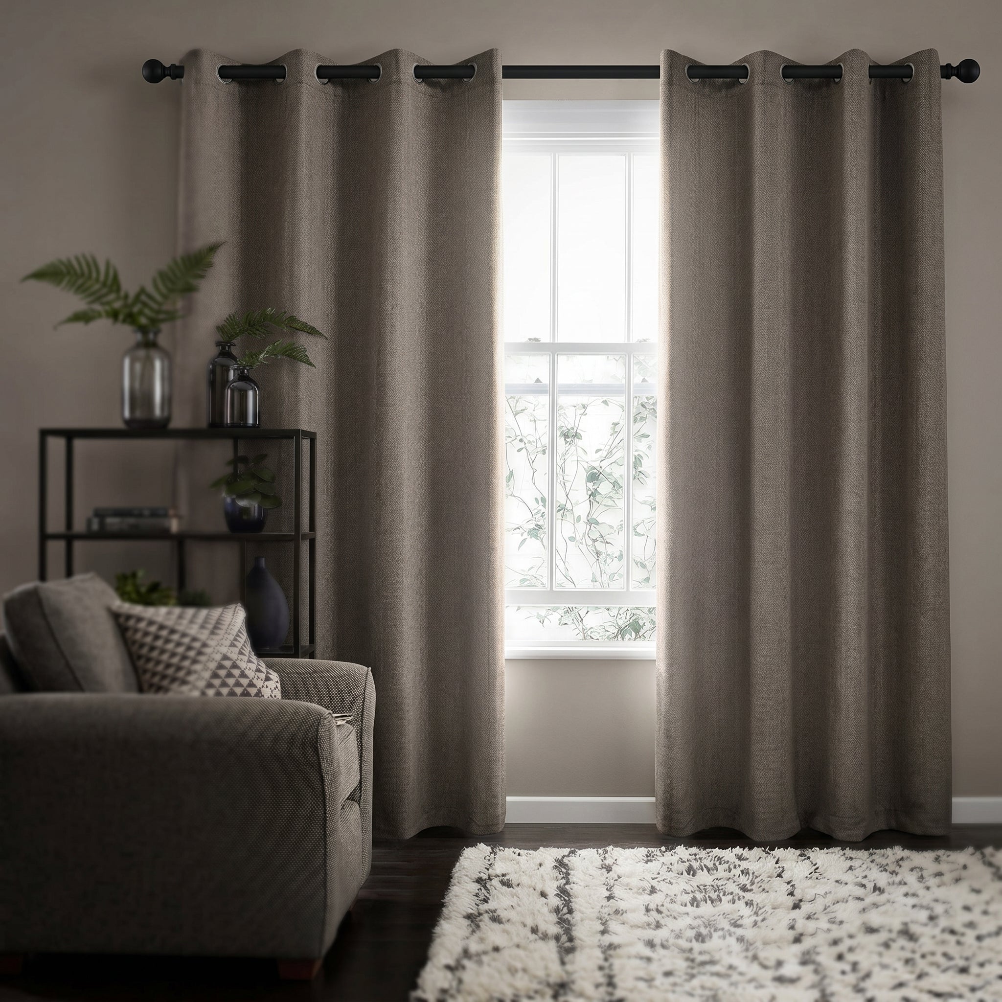 Herringbone Woven Room Darkening Grommet Curtain Panel (1)  - 52 x 84 inches - Taupe