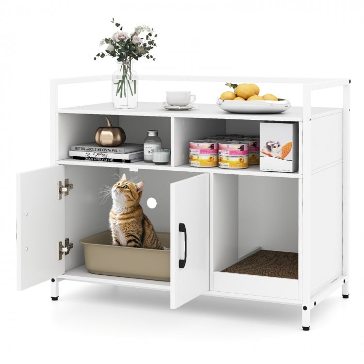 Hidden Cat Washroom with Double Doors and Scratch Cardboard-Off White