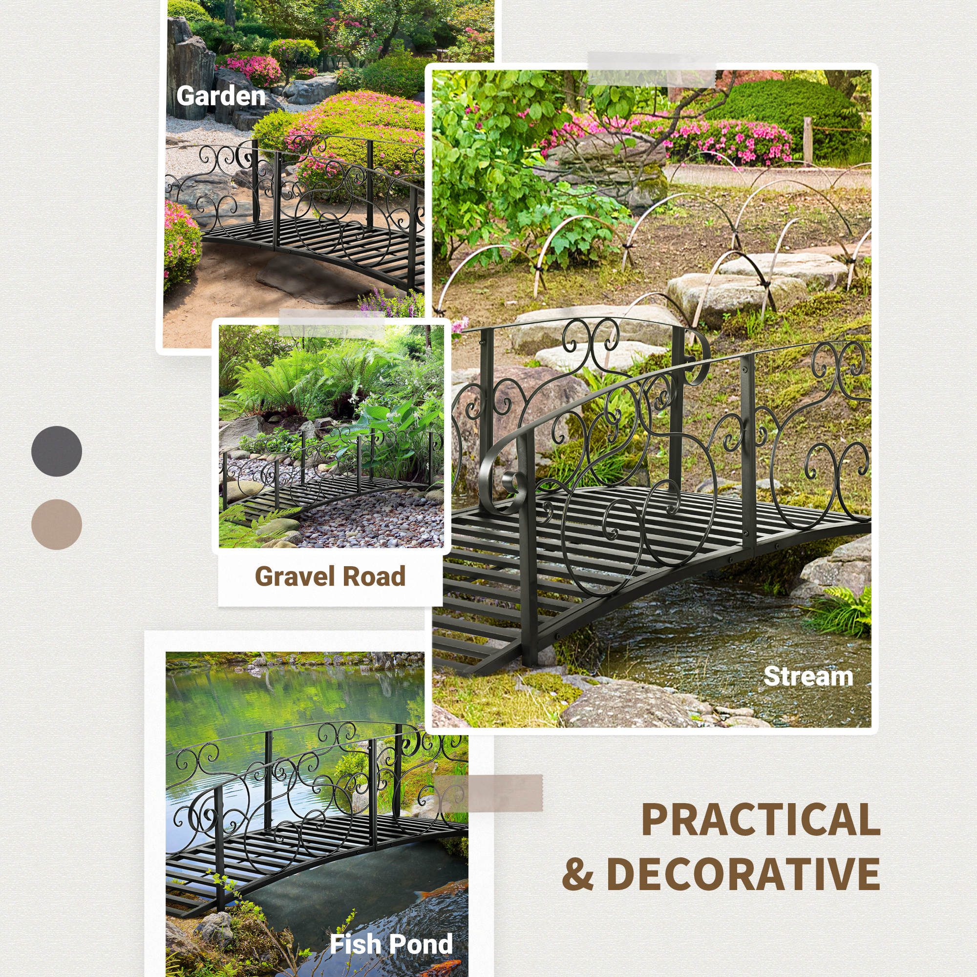 Outsunny Decorative Steel Garden Bridge 6FT with Safety Rails for Backyard Stream Pond Landscaping Black 
