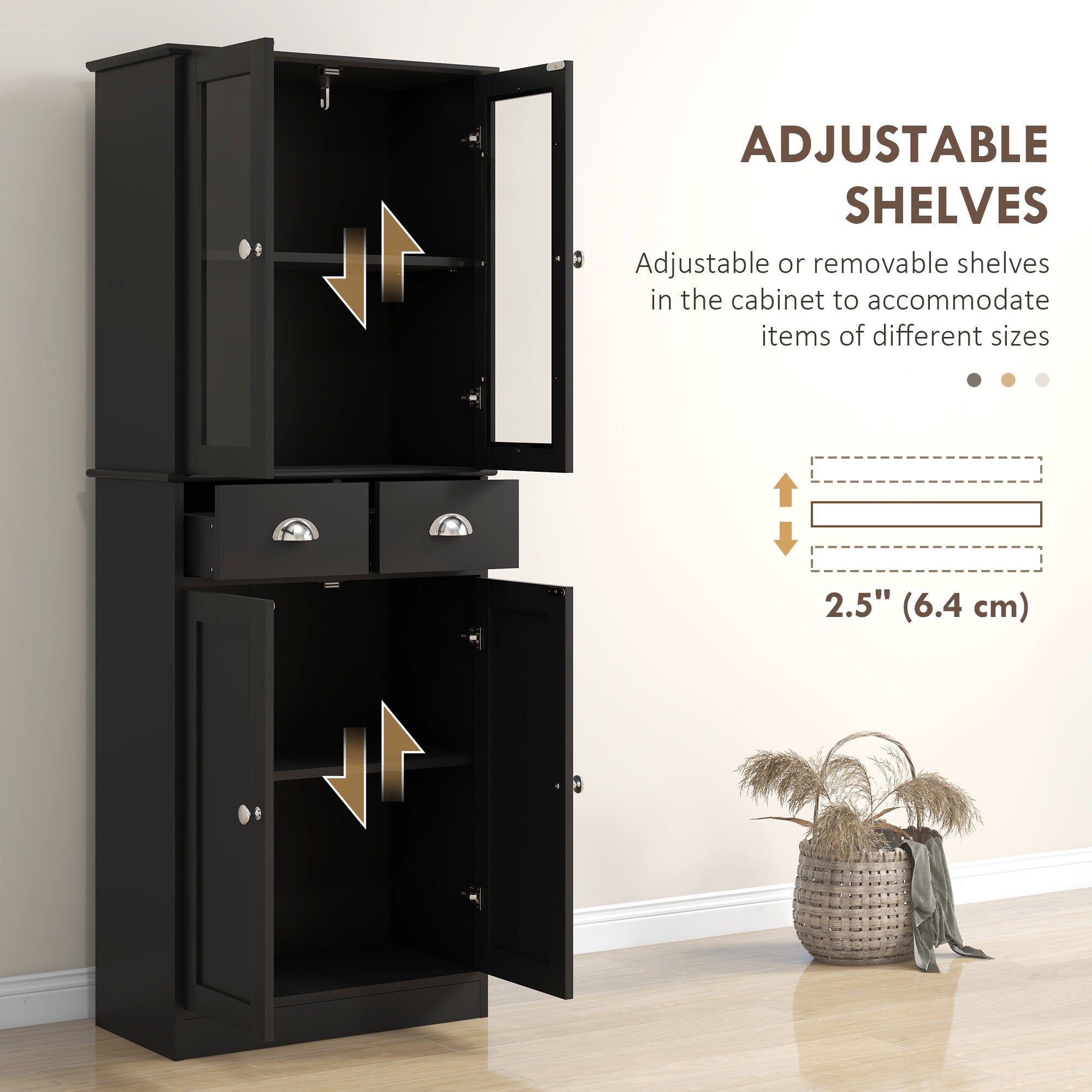 HOMCOM 61" Kitchen Pantry Cabinet, Freestanding Farmhouse Storage Cabinet with Soft Close Glass Doors and Adjustable Shelves, Black 