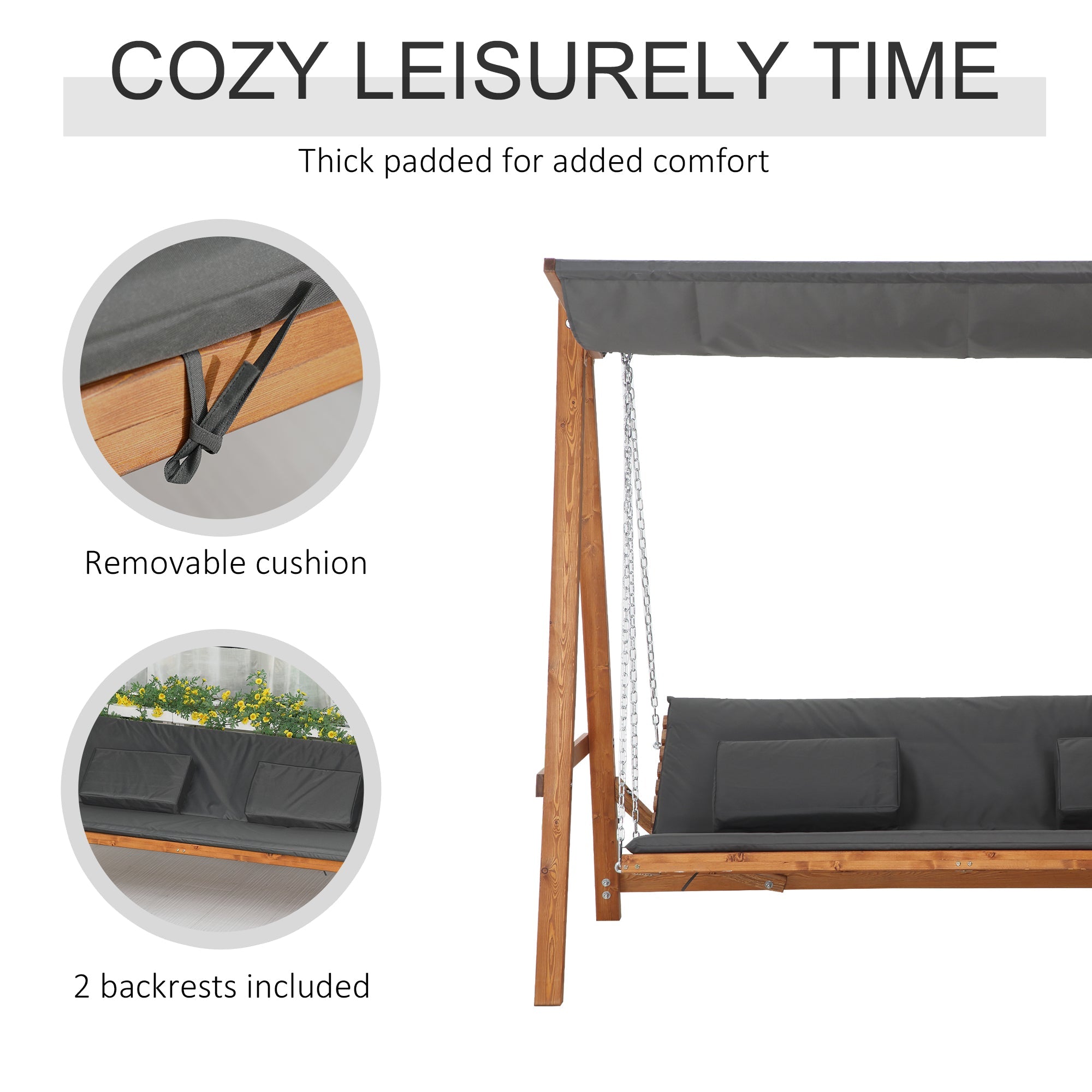 Outsunny 3 Seater Patio Swing Chair Convertible Cushioned Porch Swing Bed with Canopy, Wood Frame for Outdoor, Backyard, Garden 