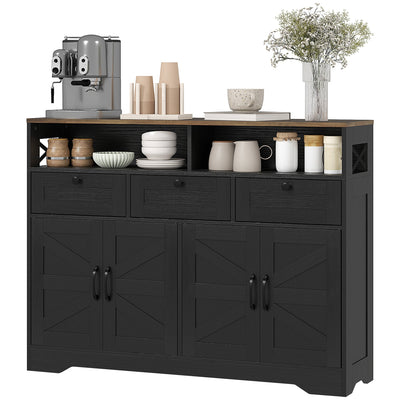 HOMCOM Sideboard, Buffet Cabinet with 4 Barn Doors and 3 Drawers, Coffee Bar Cabinet with Adjustable Shelves, Black 
