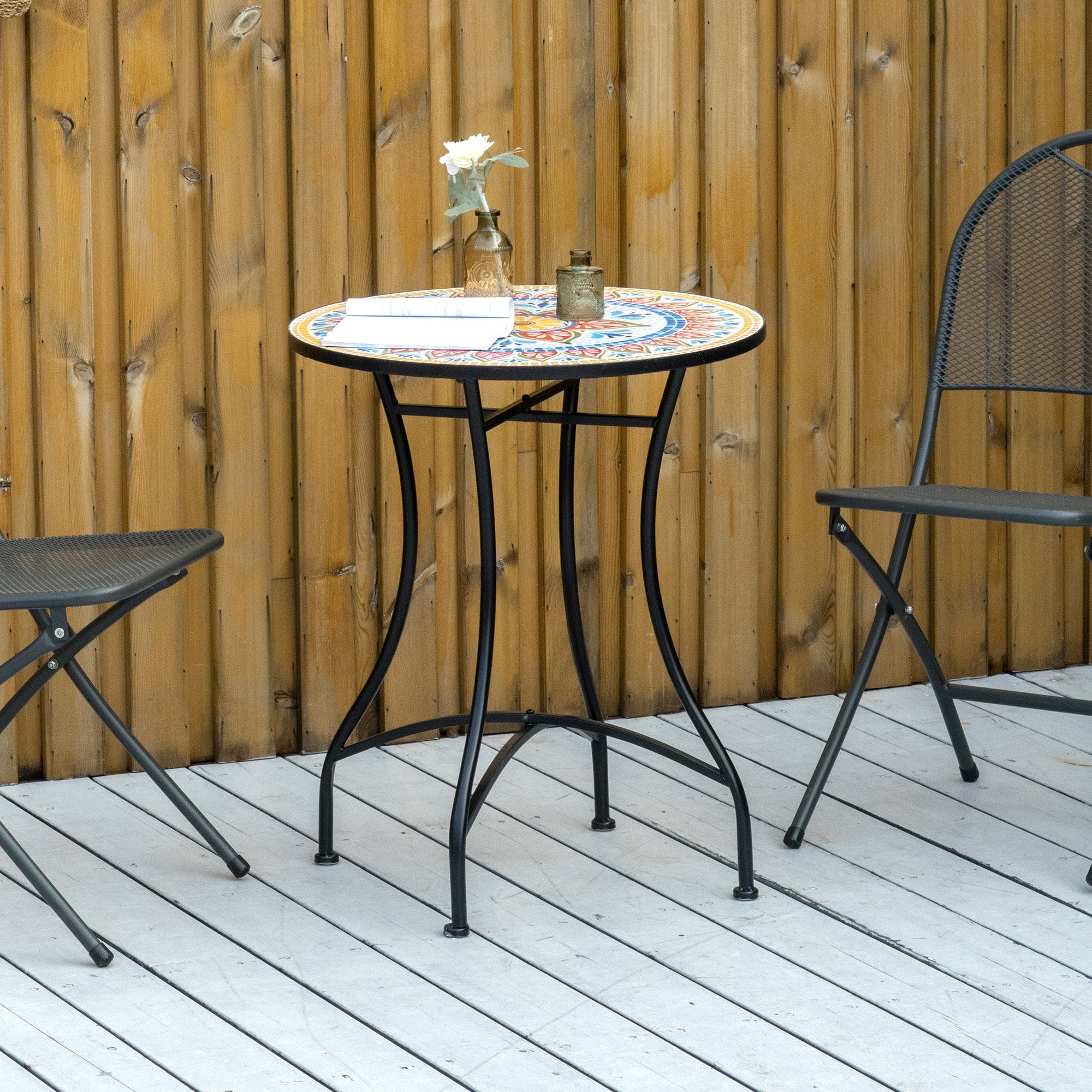 Outsunny Mosaic Patio Table, Round Coffee Table with Metal Frame, Garden Furniture for Outdoor, Poolside, Red 