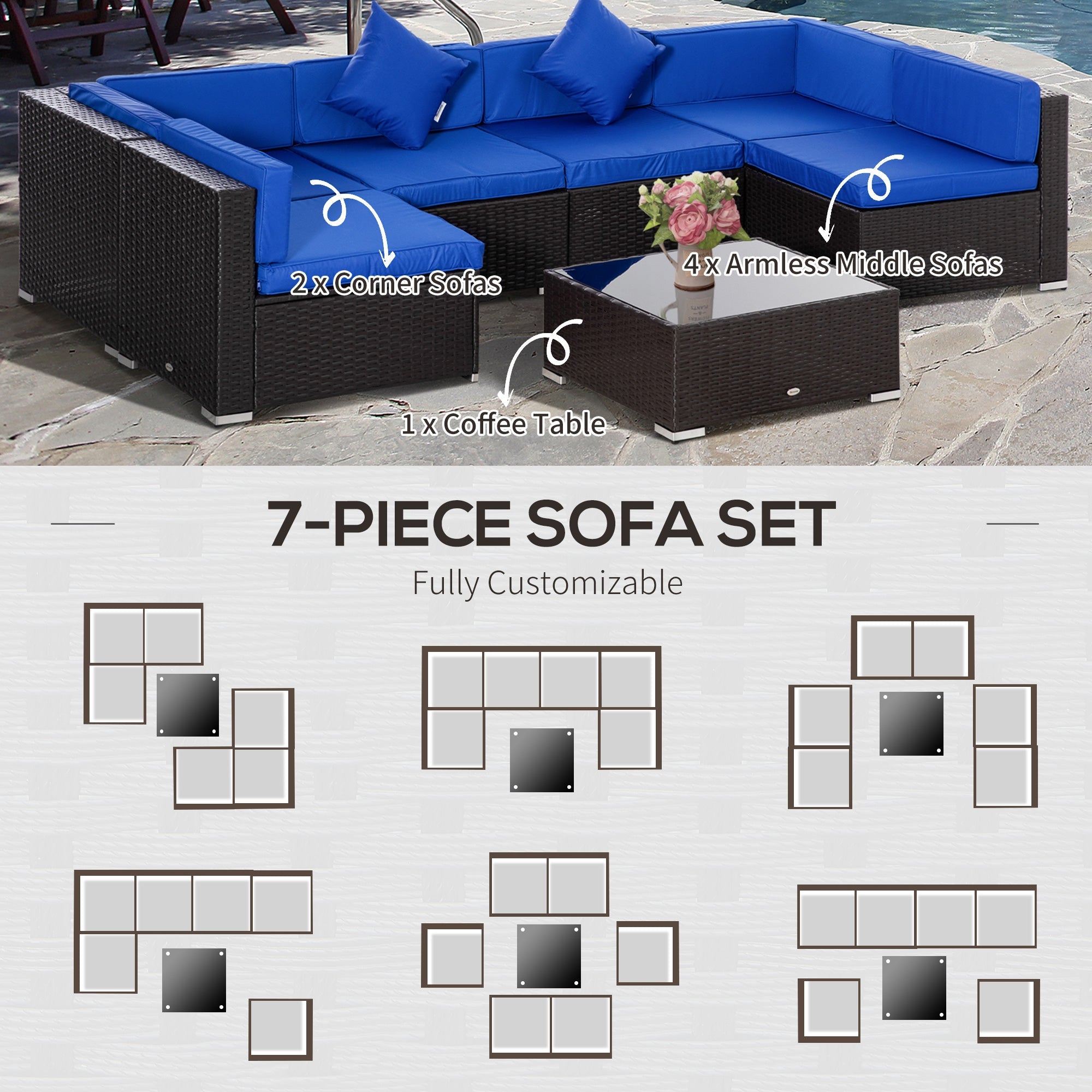 Outsunny 7-Piece Outdoor Sofa Set, Patio Wicker Sectional Sofa with Tempered Glass Coffee Table & Cushions 