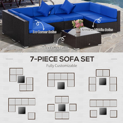 Outsunny 7-Piece Outdoor Sofa Set, Patio Wicker Sectional Sofa with Tempered Glass Coffee Table & Cushions 