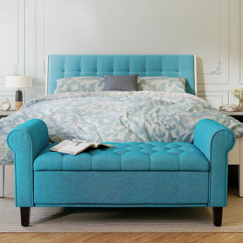 50 Inches Storage Ottoman, Upholstered Bedroom Bench with Rolled Arms and Button Tufted Storage, Teal
