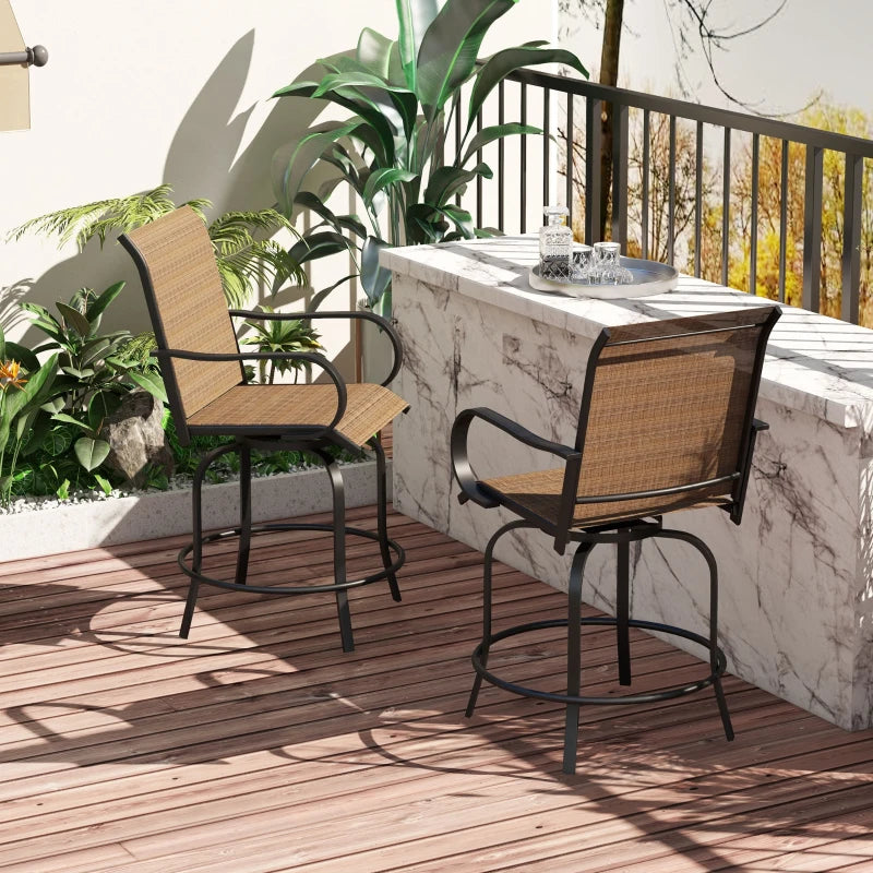 Outdoor Bar Stools Set of 2, 360° Swivel Bar Height Chairs, 26.8" x 29.5" x 48.4", Brown