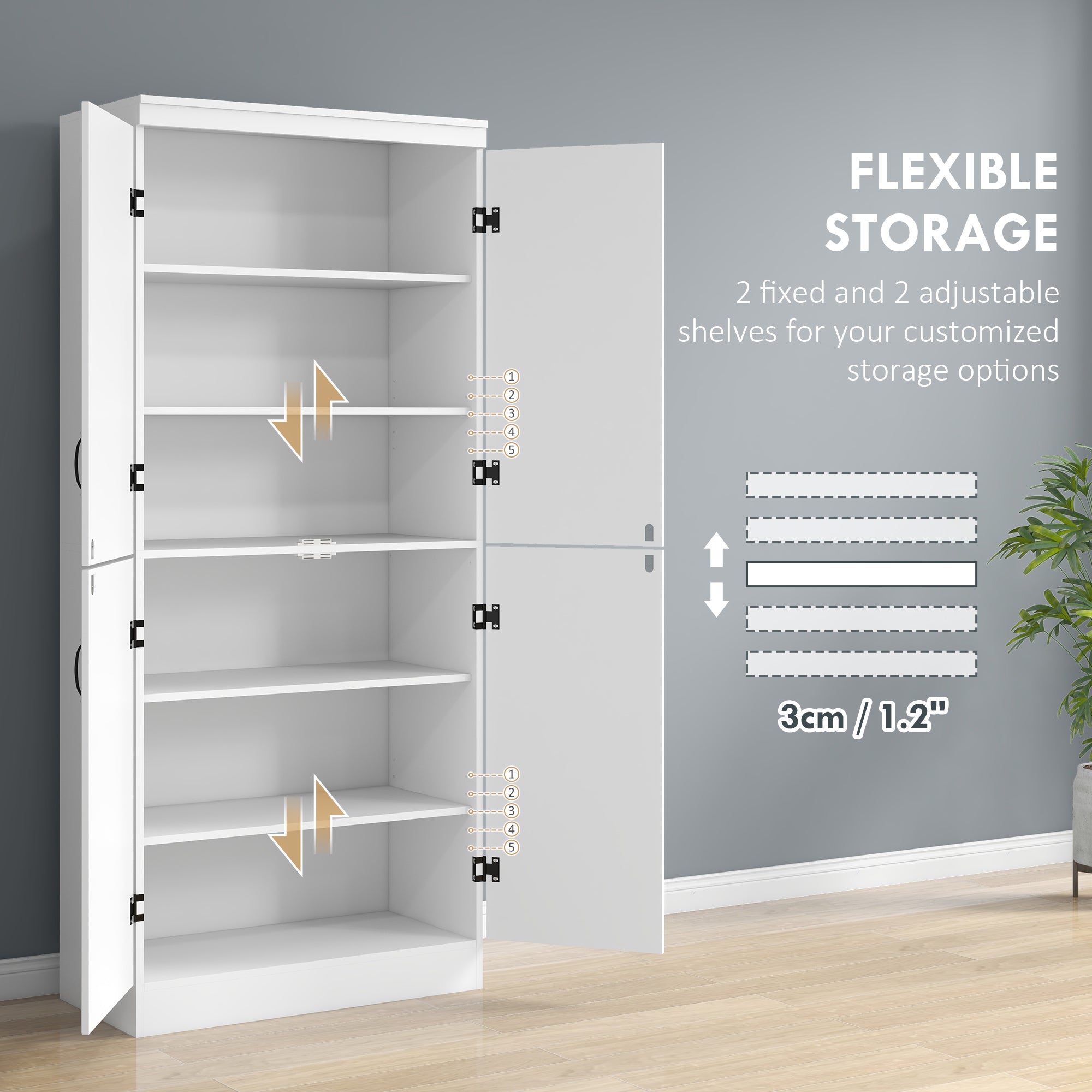 HOMCOM 70" 4-Door Kitchen Pantry Freestanding Storage Cabinet Cupboard Adjustable Shelves White 