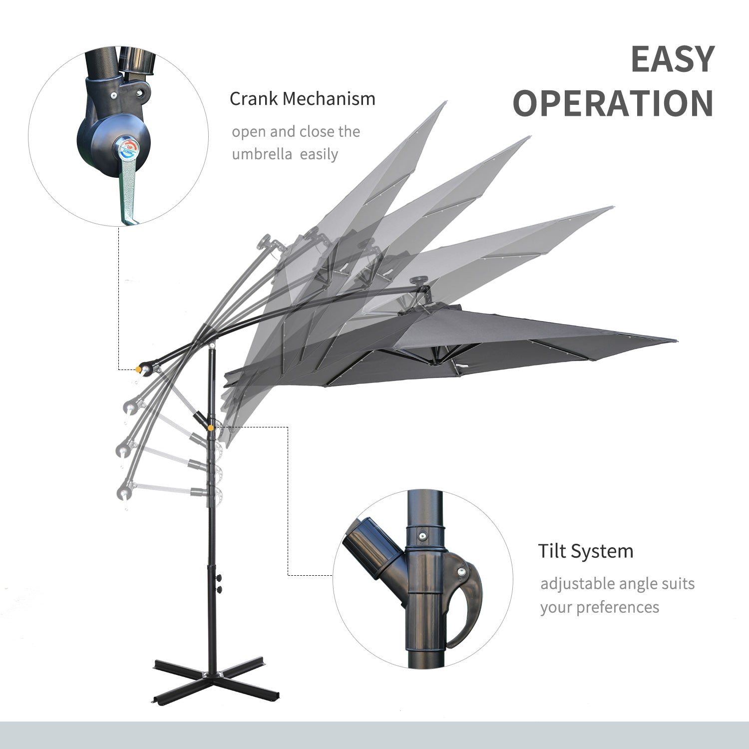 Outsunny 10ft Outdoor Cantilever Umbrella with Solar Lights Banana Adjustable Angle for Patio Backyard Dark Gray 